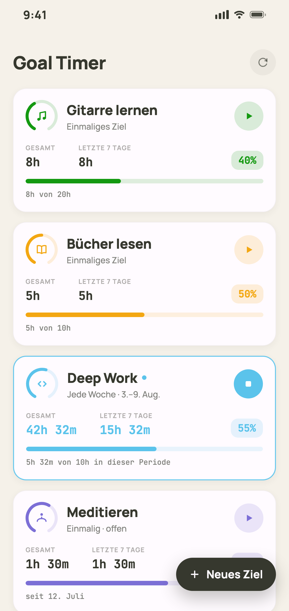Goal-Timer-Startbildschirm mit Zielen und Fortschritt