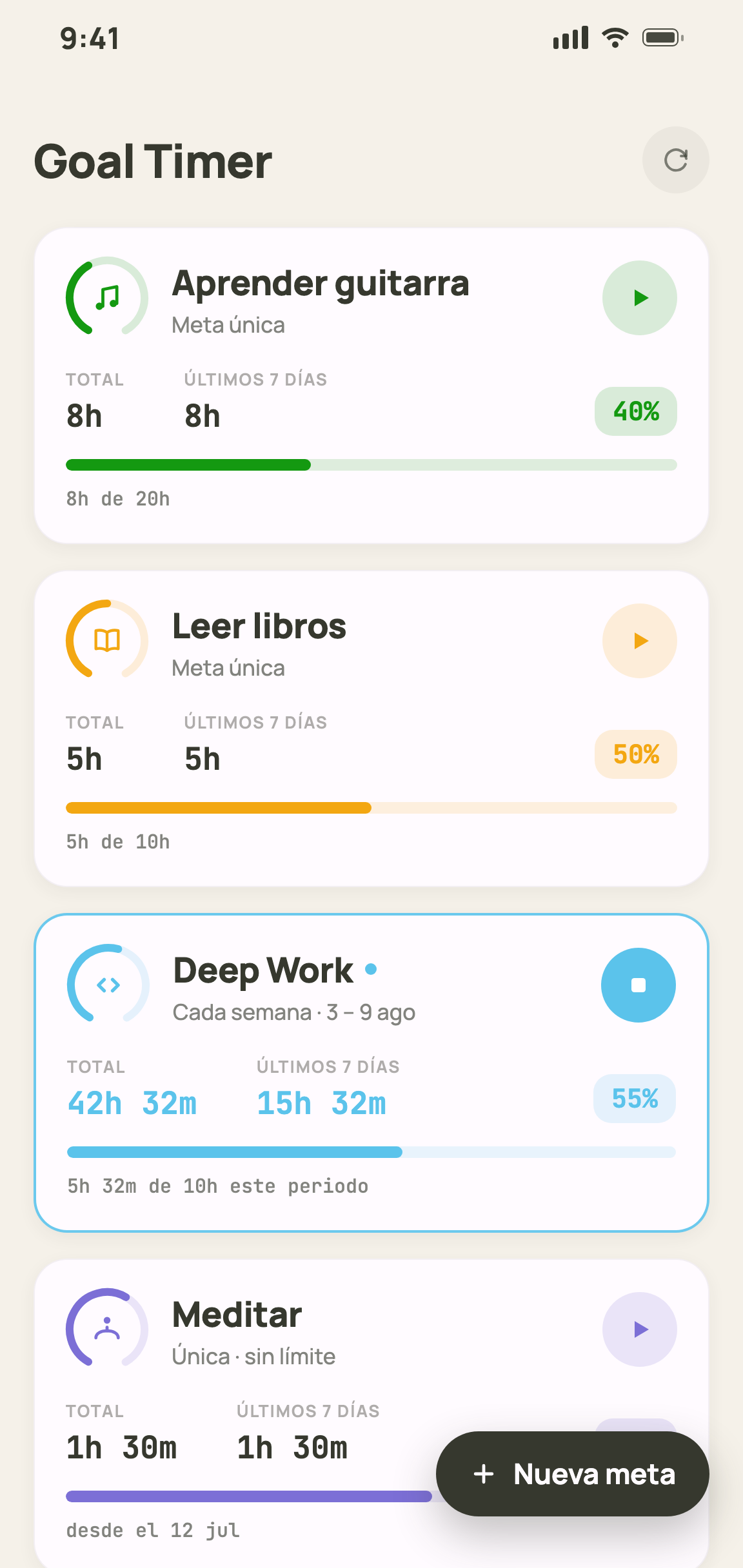 Pantalla de inicio de Goal Timer con metas y progreso