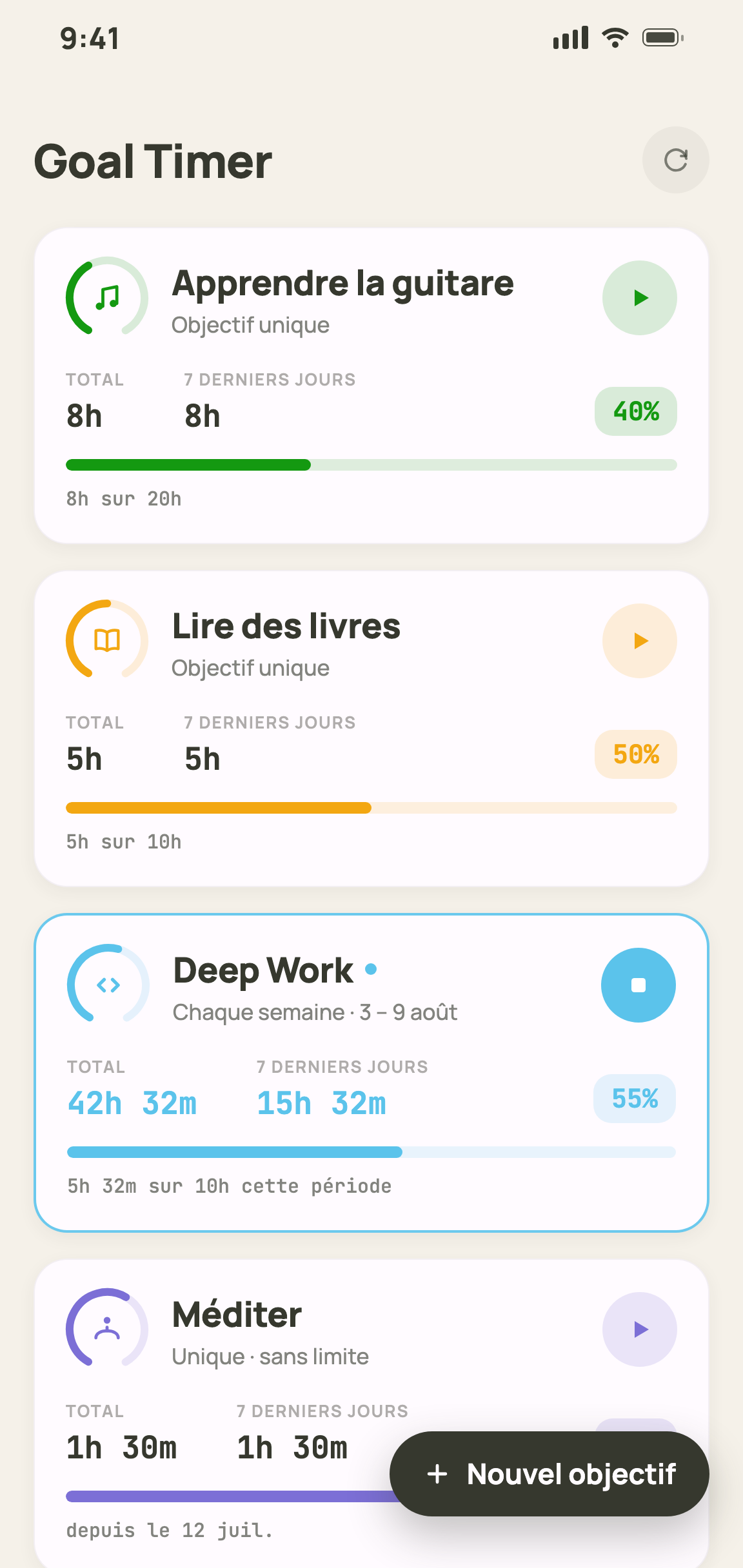 Écran d'accueil de Goal Timer avec objectifs et progression