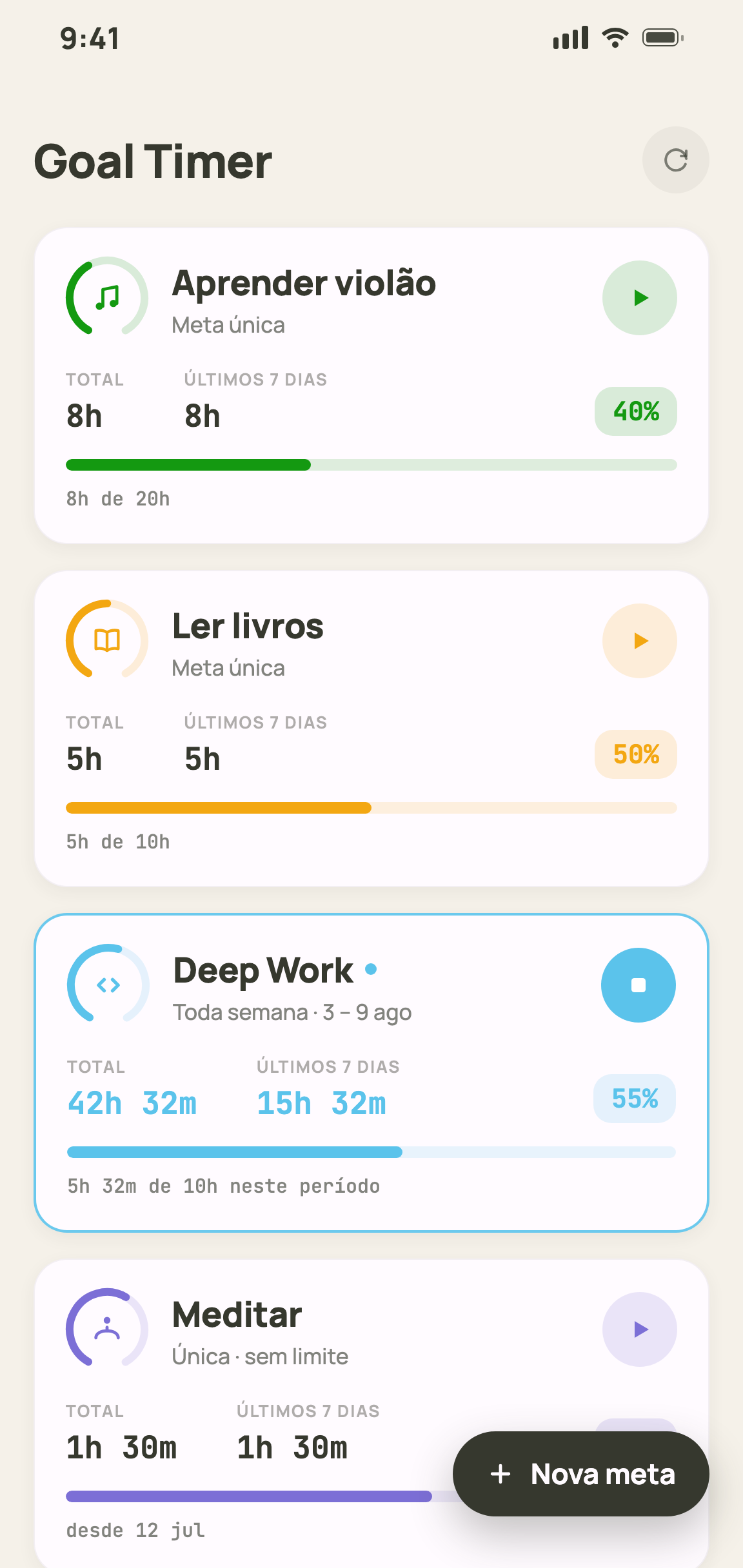 Tela inicial do Goal Timer com metas e progresso