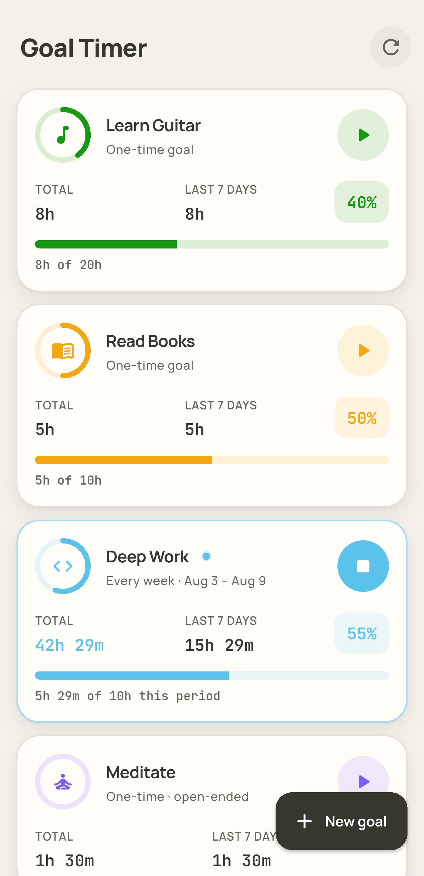 Goal Timer home screen showing goals and progress