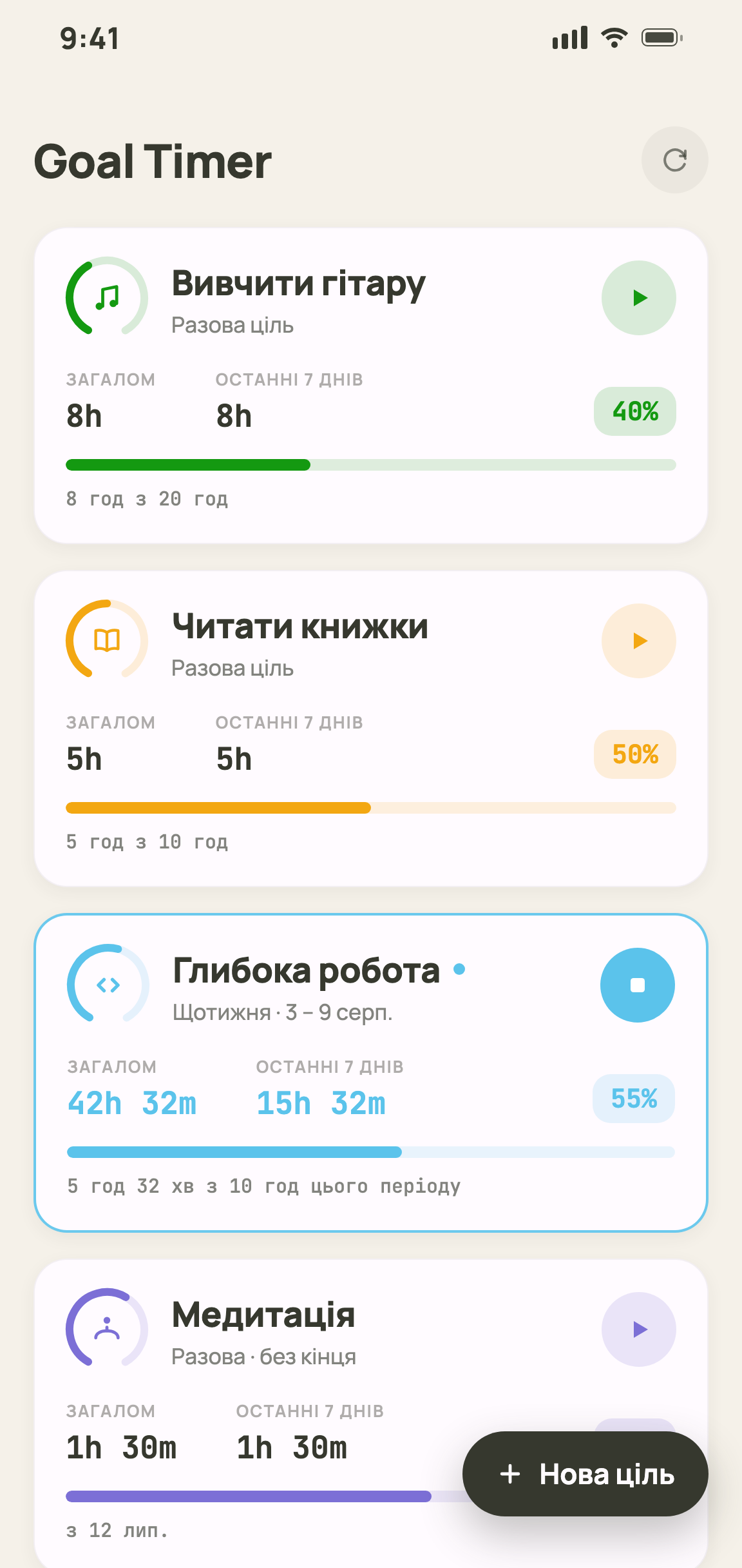 Головний екран Goal Timer із цілями та прогресом